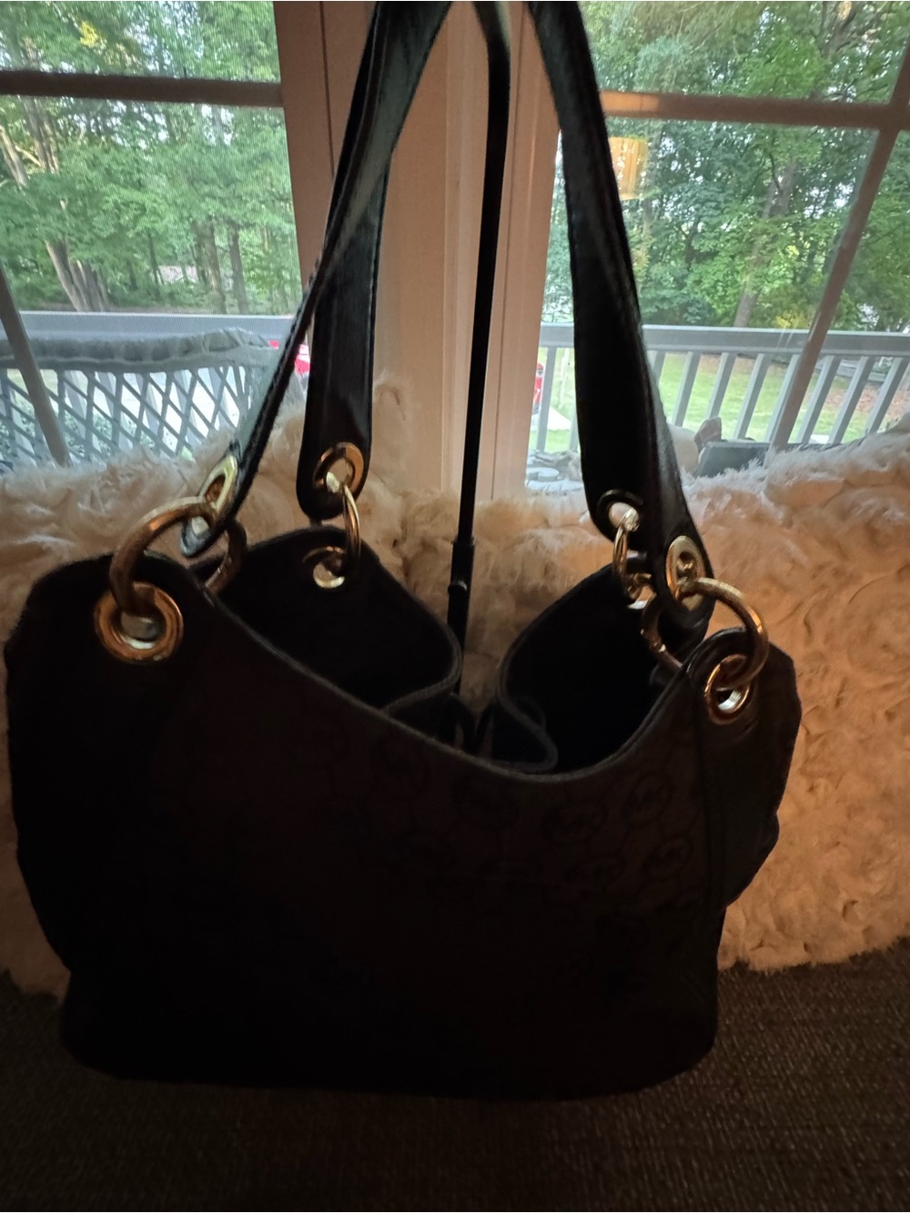 Michael Kors Black Signature Jacquard Drawstring Shoulder Bag Gold Hardware - Picture 8 of 10